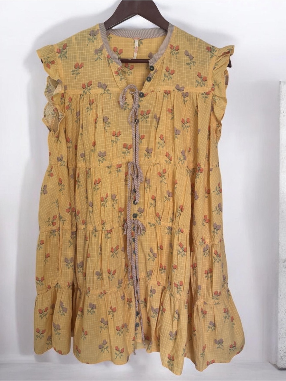 Free People sundown ditsy print smock mini dress in yellow NWOT - Picture 7 of 9